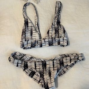 White and navy tie-dye bathing suit